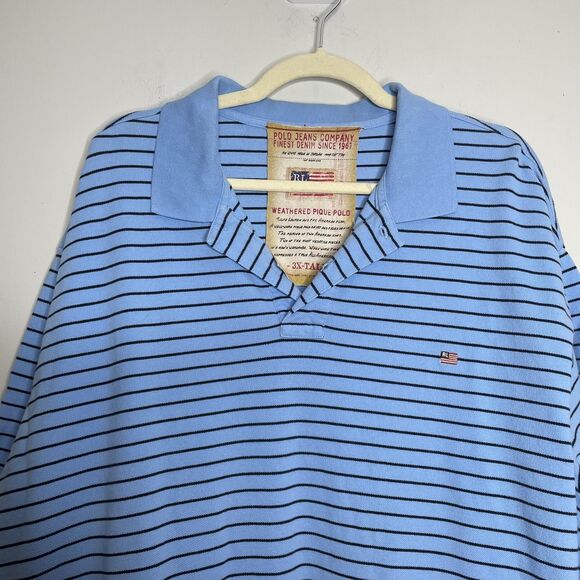 Polo Jeans Co Ralph Lauren Shirt Mens 3X Tall Blue Striped Pique Flag Logo - Picture 2 of 11